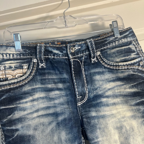 Y2KRock Revival Delu Mid Rise Boot Cut  Jeans 30x33 Women’s Blue White Stitching - Picture 3 of 6